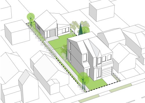 An illustration of a one-storey garden suite is shown on a lot that is 10 metres wide by 36 metres deep, with landscaped open space and retention of trees.
