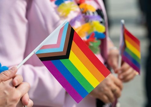 Close up of two people holding hand held Pride flags and background person wearing rainbow lei