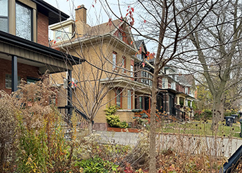 Homes on a street in autumn with bare trees and fallen leaves.