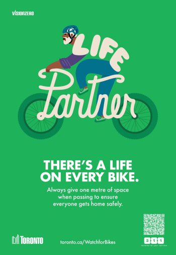 An info graphic of a man riding a bicycle where his body and the bike spell out life partner.