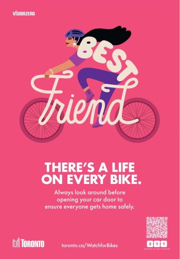An info graphic of a woman riding a bicycle where her body and the bike frame spell out best friend. 