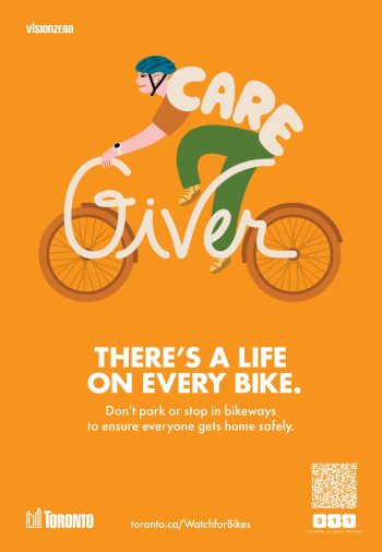 An info graphic of a man bicycling where his body and the bike spell our care giver. 