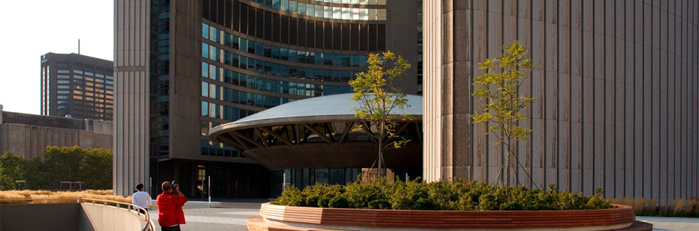 Toronto City Hall on the podium green roof looking at the outside of the council chamber dome.
